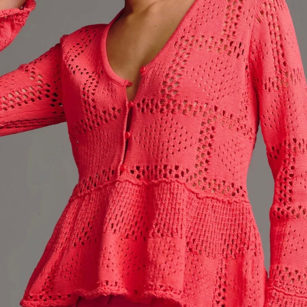 Anthropologie Pilcro Pointelle Babydoll Button‎ Up Sweater Coral Womens XS Sheer
